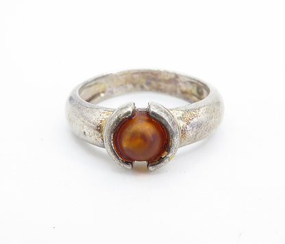 POLAND 925 Silver  Vintage Cabochon Cut Amber Solitaire Ring Sz 8  RG7038