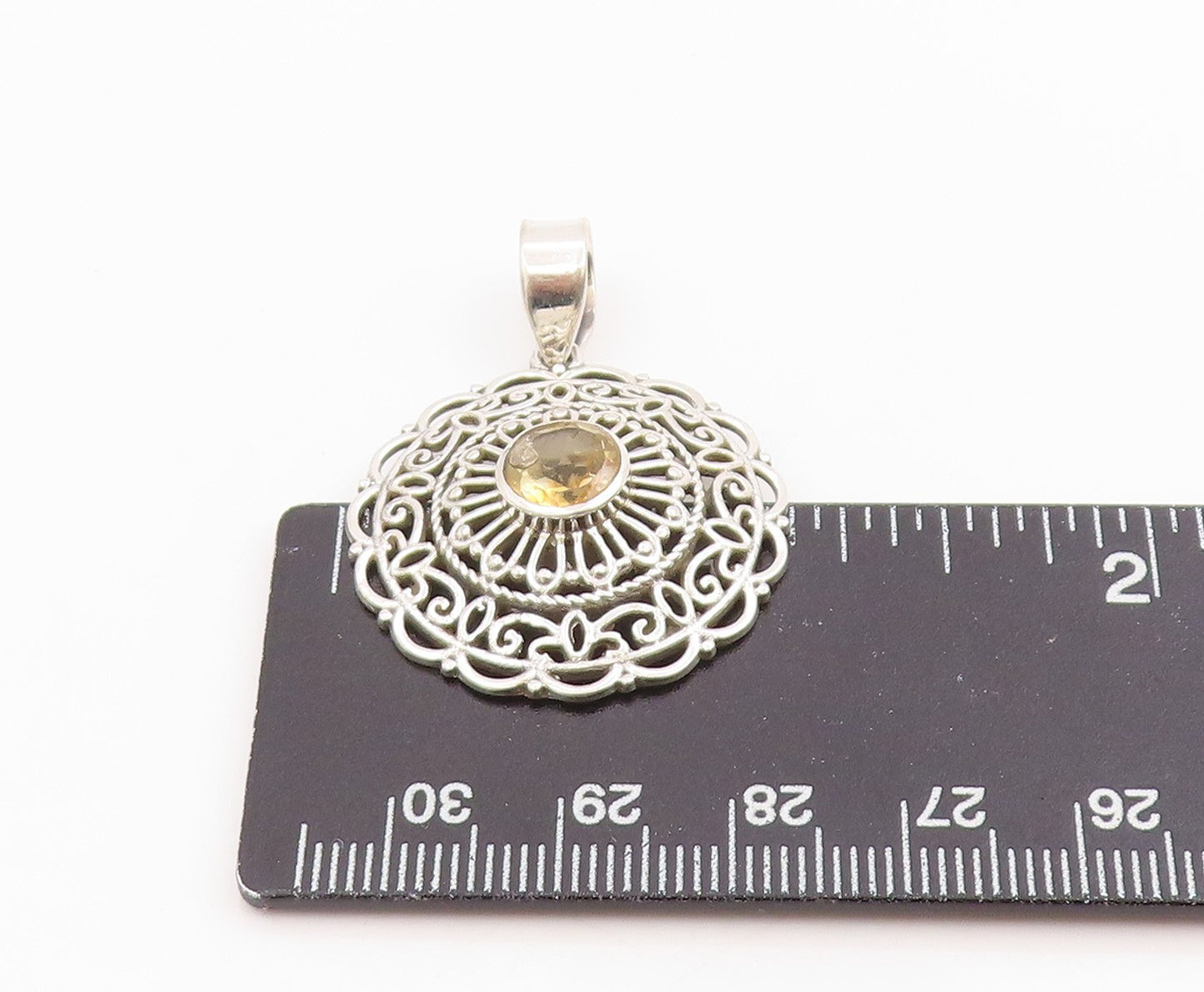 925 Sterling Silver Vintage Pendant Round Cut Citrine Openwork Charm  PT26240
