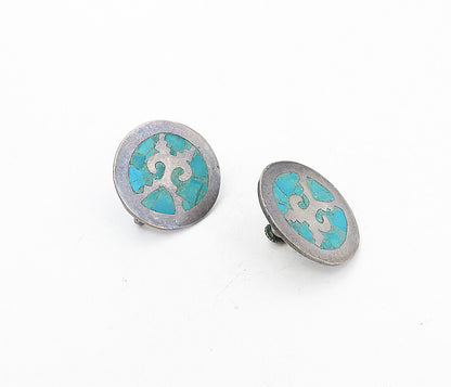MEXICO 925 Silver  Vintage Inlaid Turquoise Non Pierce Drop Earrings  EG4302