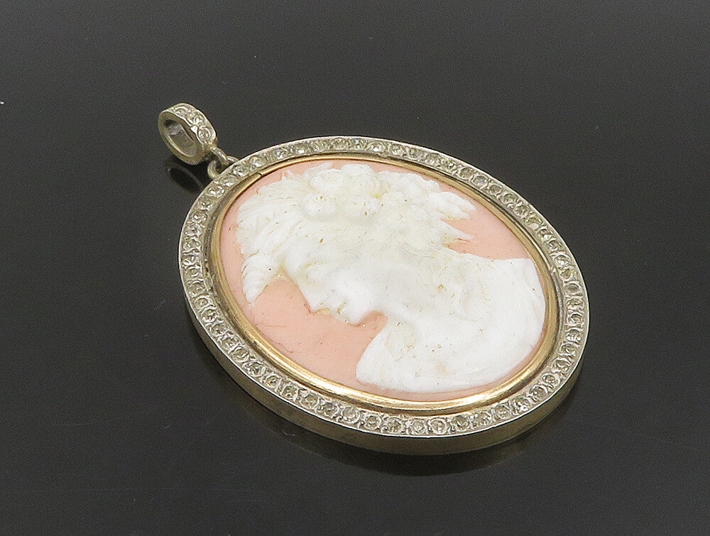 925 Sterling Silver  Vintage Sparkly Topaz Carved Woman Cameo Pendant  PT20389