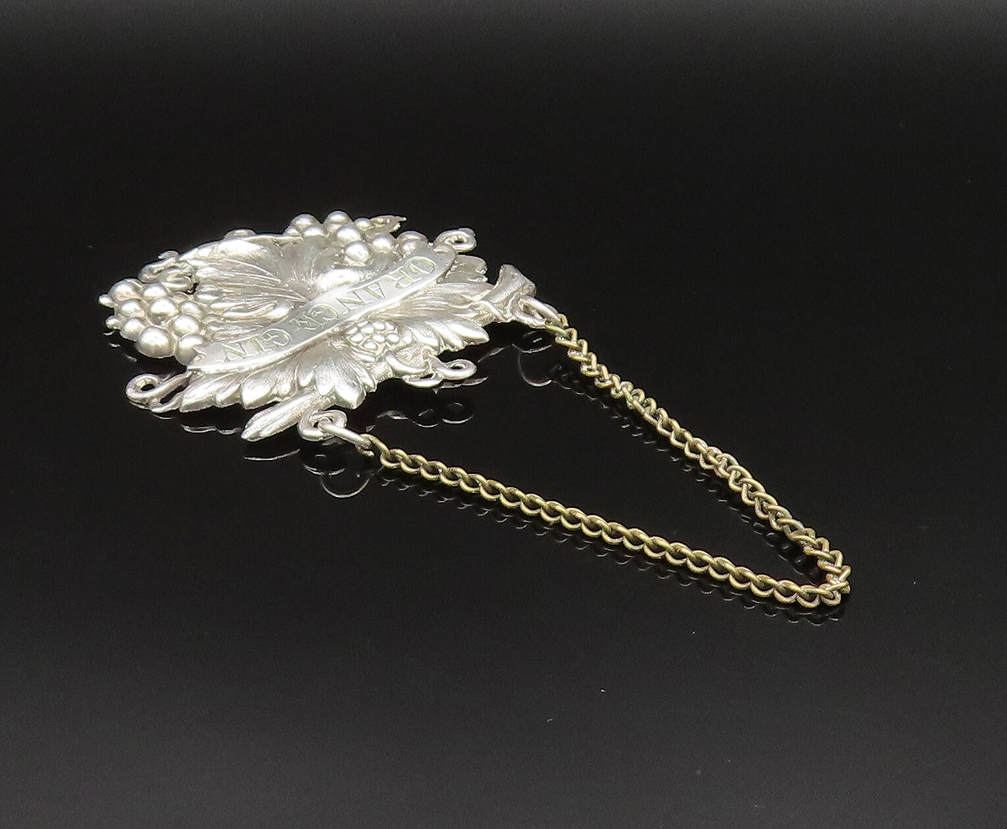 925 Sterling Silver  Vintage Grape Cluster & Leaf Orange Gin Liquor Tag TR3350