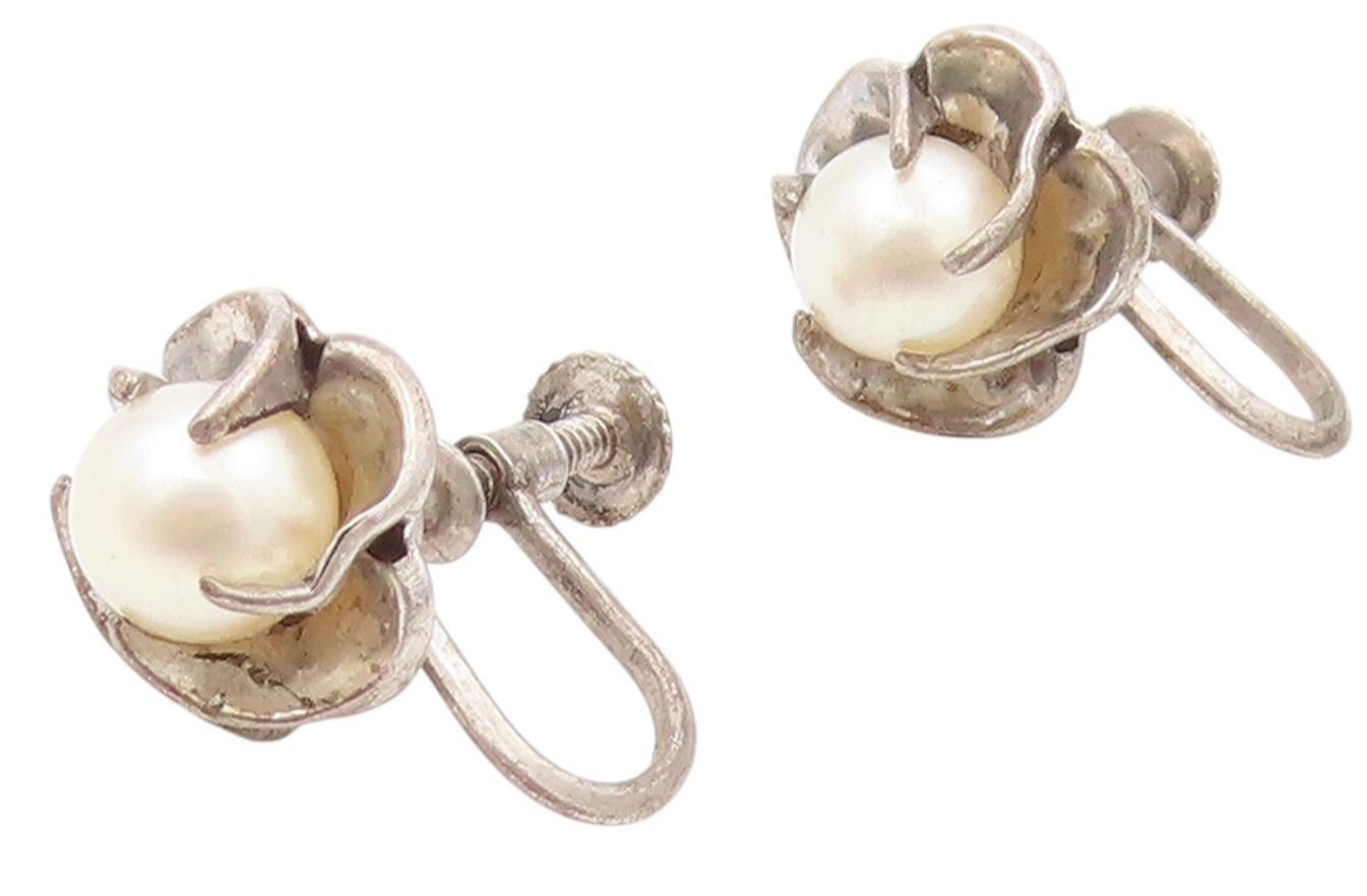 925 Sterling Silver Vintage Earrings Designer Dark Tone Pearl Studs  EG13445