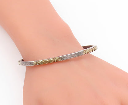 925 Sterling Silver Vintage Bracelet Two Tone Geometric Carved Cuff  BT11808