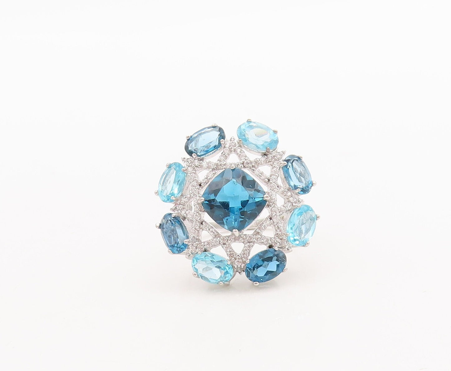 925 Sterling Silver Vintage Ring White & Blue Topaz Star Flower  Sz 7  RG29697