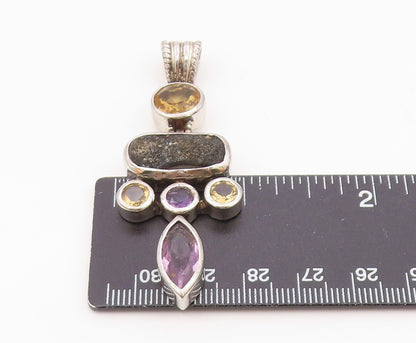 925 Sterling Silver  Vintage Amethyst Citrine & Druzy Hinge Pendant  PT17992