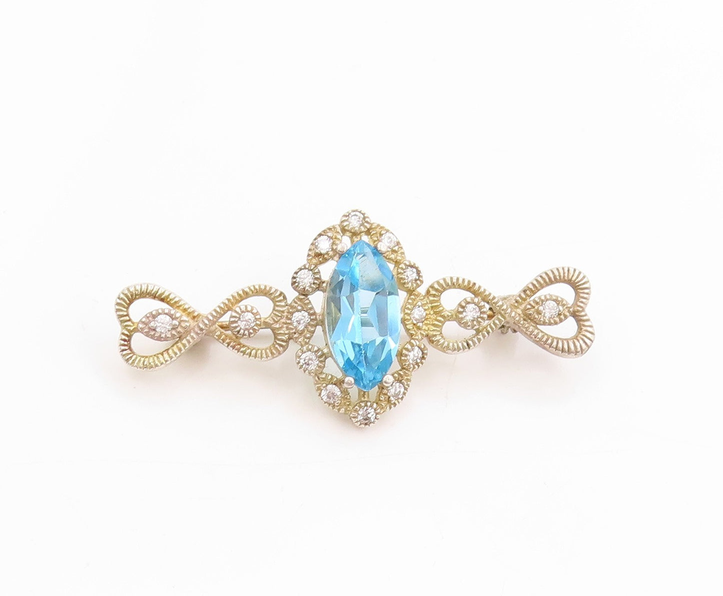925 Sterling Silver Vintage Brooch Marquise Cut Blue Topaz & Halo CZ Pin BP11944