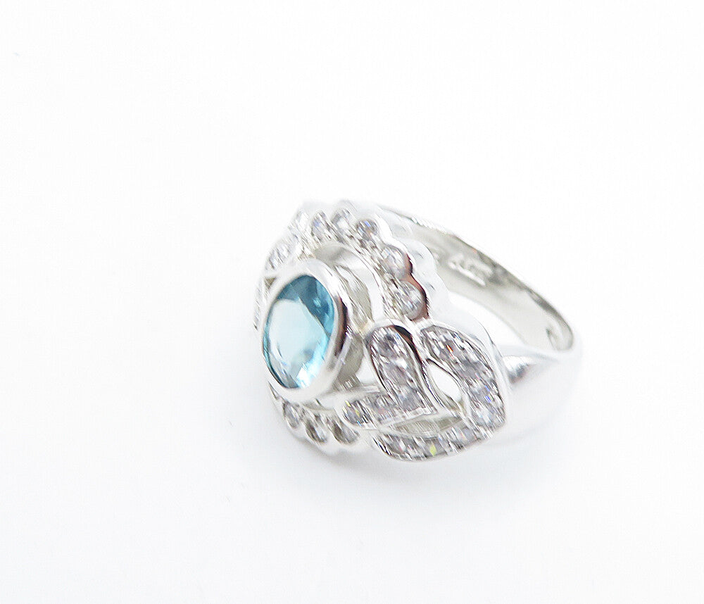 925 Sterling Silver  Blue & White Topaz Love Heart Cocktail Ring Sz 7  RG6062