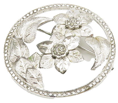 925 Sterling Silver  Vintage Sparkling Flowers Motif Round Brooch Pin  BP5931