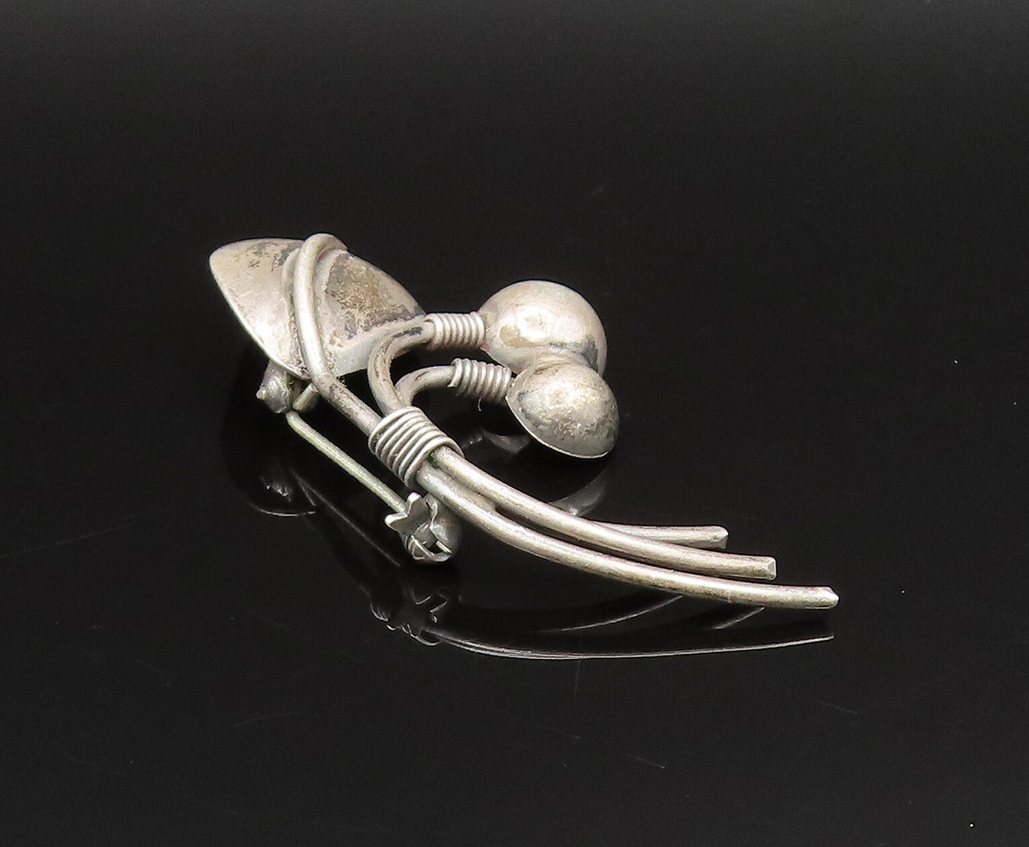 DRAGSTED DENMARK 925 Silver  Vintage Bead & Leaf Stem Brooch Pin  BP9806