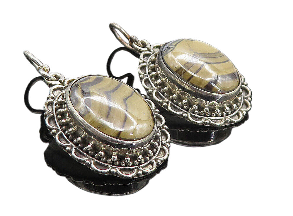 925 Sterling Silver  Vintage Agate With Hematite Oval Dangle Earrings  EG3274