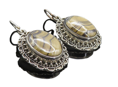 925 Sterling Silver  Vintage Agate With Hematite Oval Dangle Earrings  EG3274
