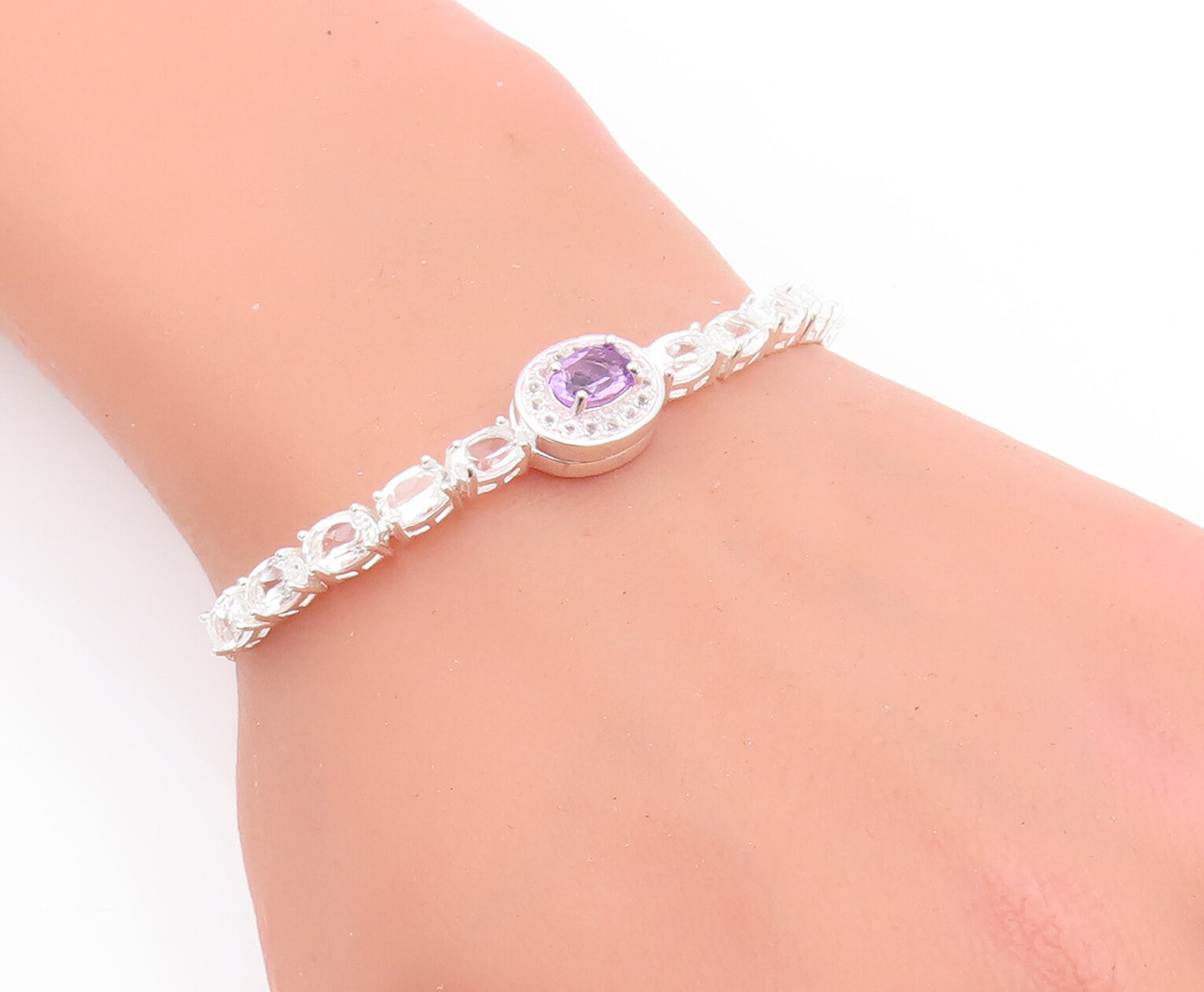 925 Sterling Silver Vintage Bracelet Oval Cut Amethyst & Topaz Band  BT10523