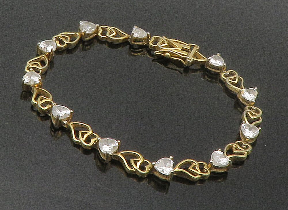 925 Sterling Silver  White Topaz Love Heart Gold Plated Chain Bracelet  BT5902