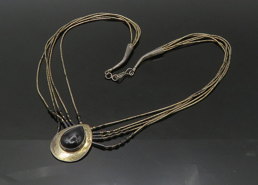 NAVAJO 925 Silver  Vintage Black Onyx Liquid Silver Chain Necklace  NE3633