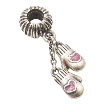 925 Silver  Vintage Enamel Love Heart Pair Of Mittens Charm Pendant  PT21740