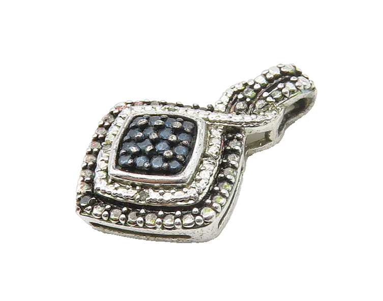 925 Sterling Silver  Shiny Genuine Diamond Two Tone Square Pendant  PT13889