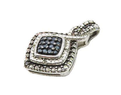 925 Sterling Silver  Shiny Genuine Diamond Two Tone Square Pendant  PT13889