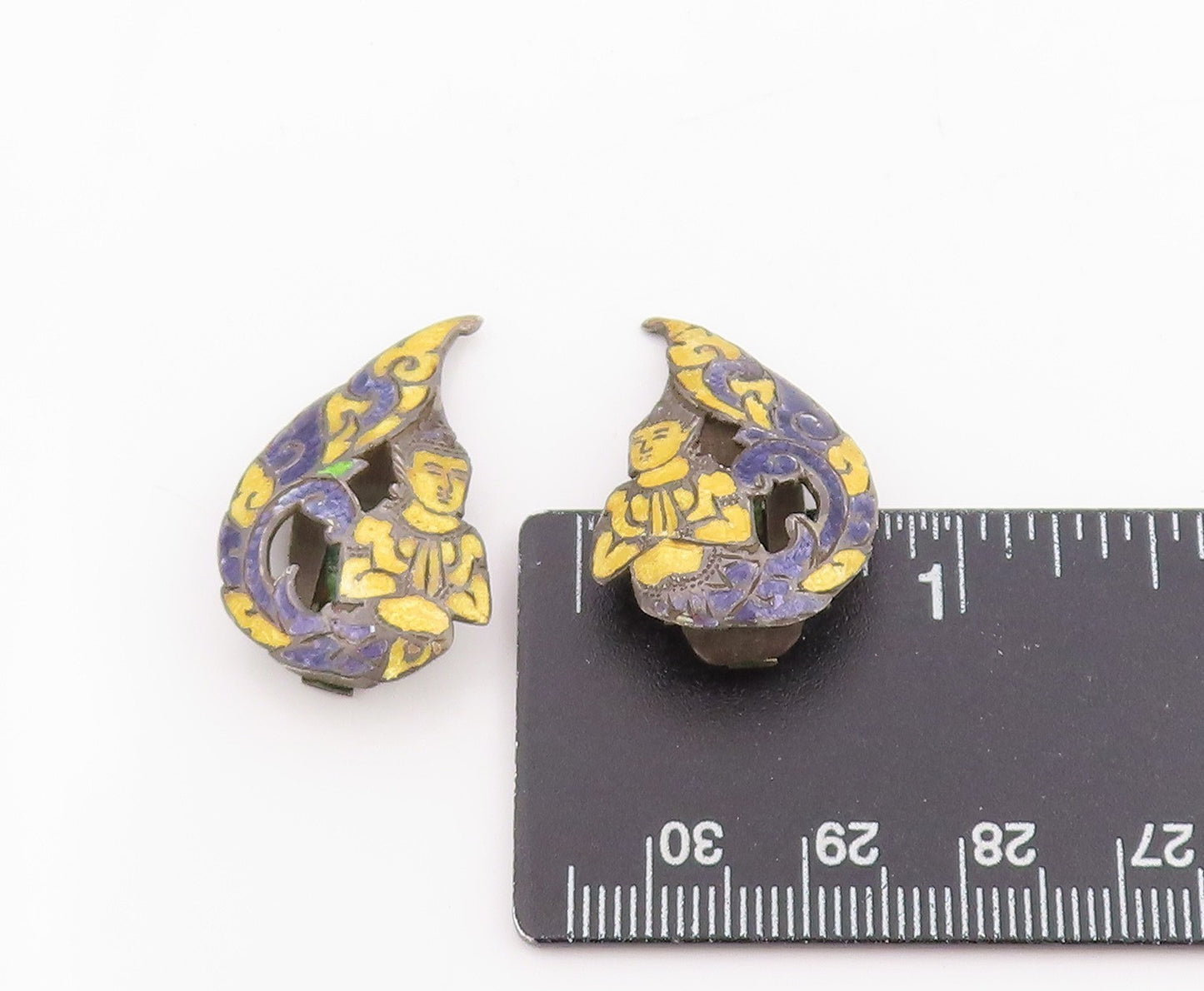 925 Sterling Silver Vintage Earrings SIAM Enameled Kinnari Dancer Clips  EG13713
