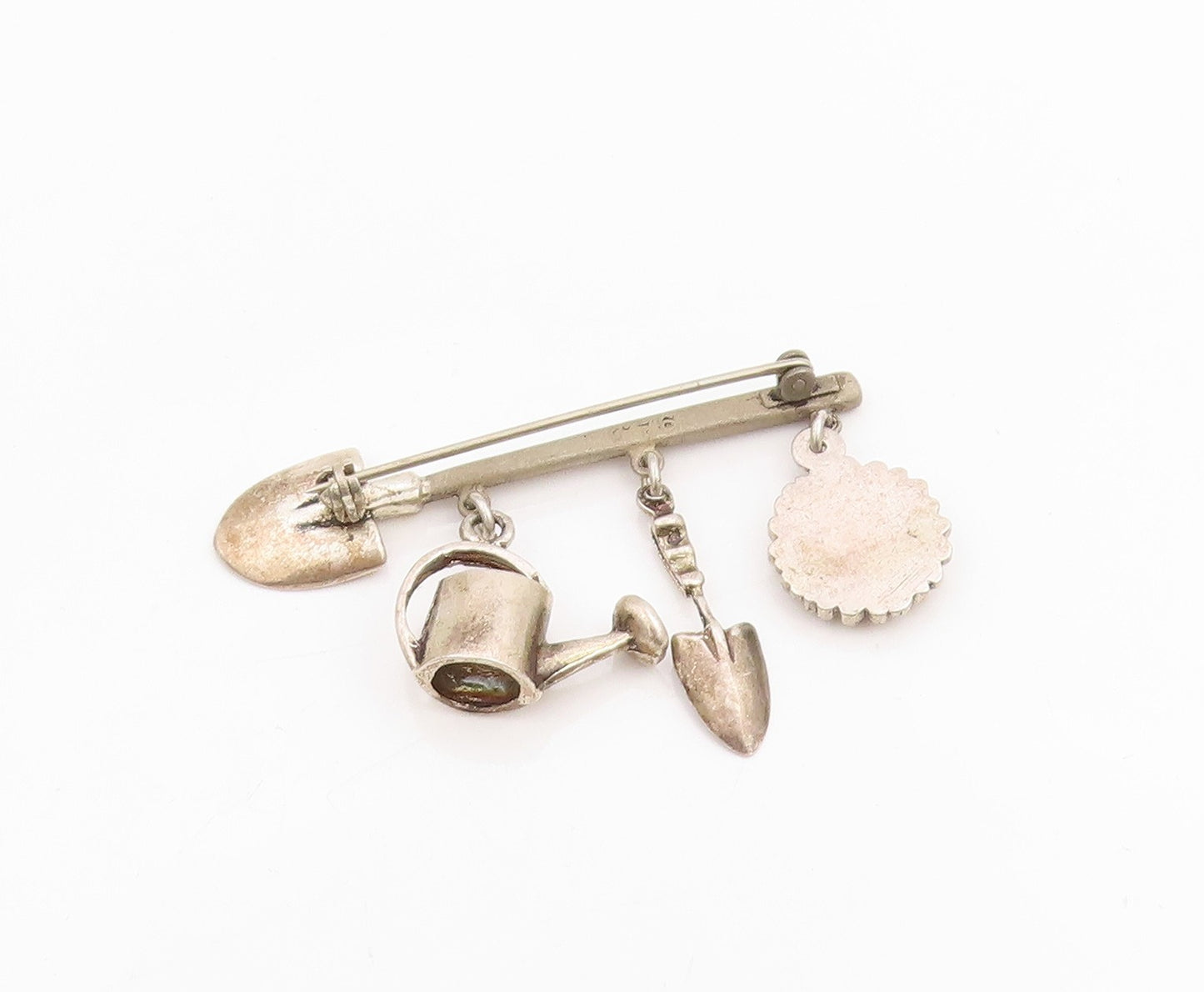 925 Sterling Silver Vintage Brooch Themed Watering Can Shovel Sunflower  BP11983