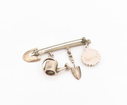 925 Sterling Silver Vintage Brooch Themed Watering Can Shovel Sunflower  BP11983