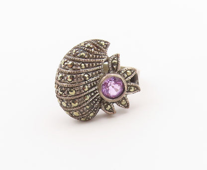 925 Sterling Silver Vintage Ring Amethyst Floral Statement Band  Sz 8.5  RG36487
