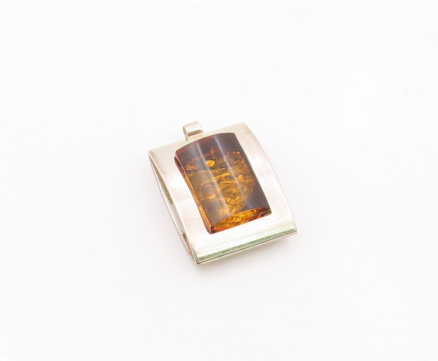 POLAND 925 Sterling Silver  Vintage Amber Shiny Square Frame Pendant  PT19834