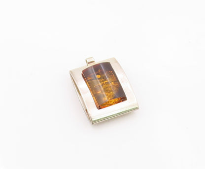 POLAND 925 Sterling Silver  Vintage Amber Shiny Square Frame Pendant  PT19834