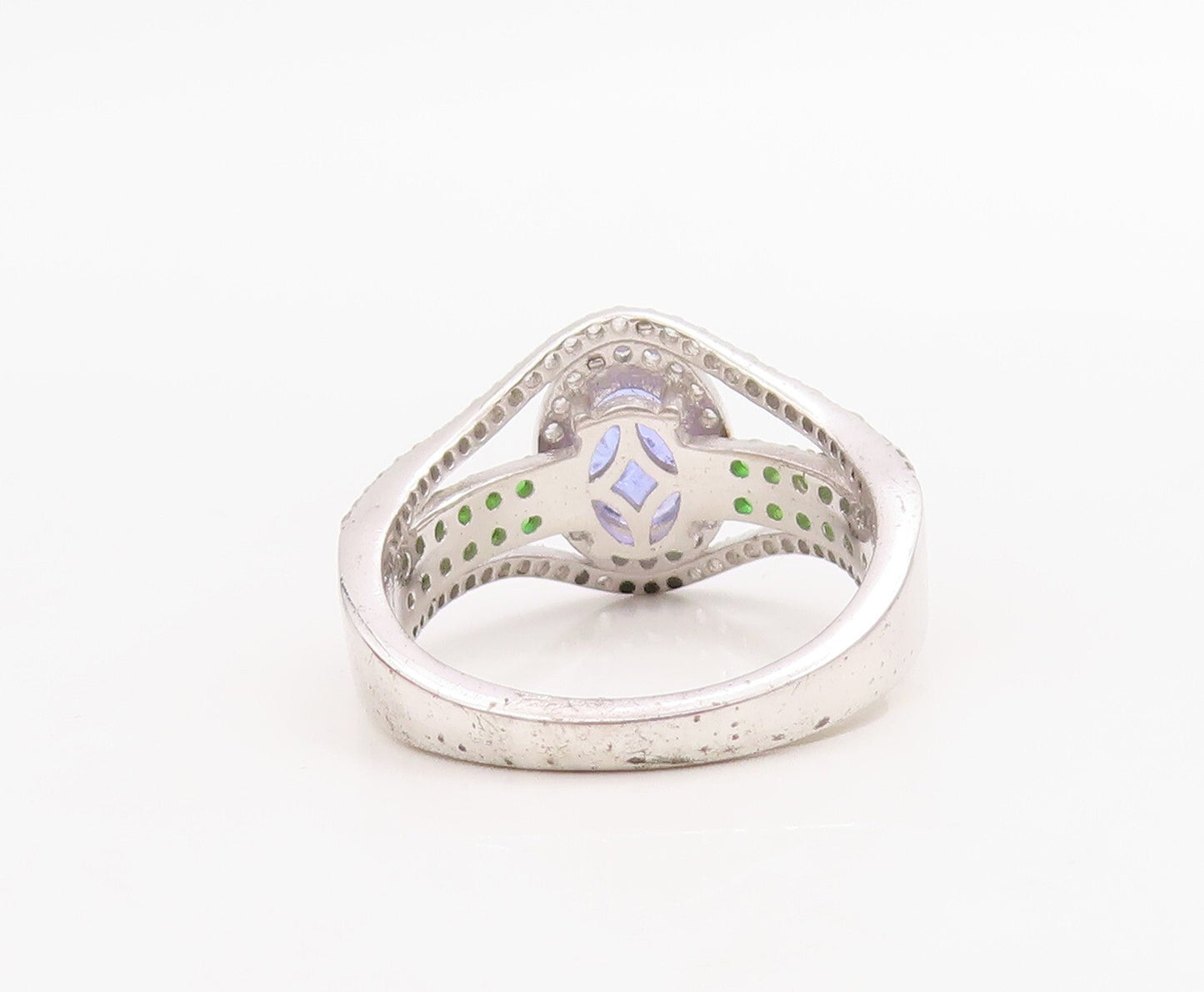 925 Sterling Silver Vintage Ring Oval Sapphire & 2 Tone CZ Band  Sz 8  RG30703