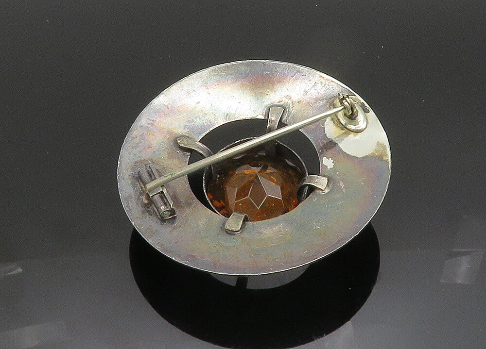 925 Silver  Vintage Faceted Citrine Floral Etched Detail Brooch Pin  BP7850