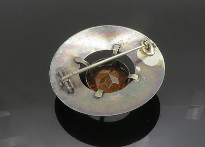 925 Silver  Vintage Faceted Citrine Floral Etched Detail Brooch Pin  BP7850