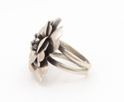 925 Sterling Silver Vintage Ring Modernist Carved Floral Rose  Sz 8.5  RG35110