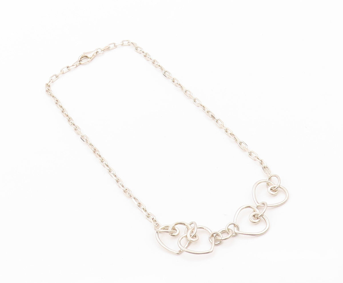 925 Sterling Silver Vintage Necklace Designer Linked Hearts Cutout  NE4525