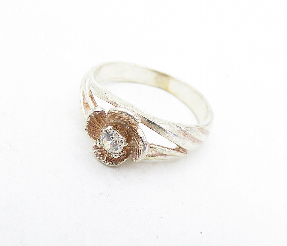 925 Sterling Silver  Vintage Cubic Zirconia Flower Solitaire Ring Sz 6  RG5056