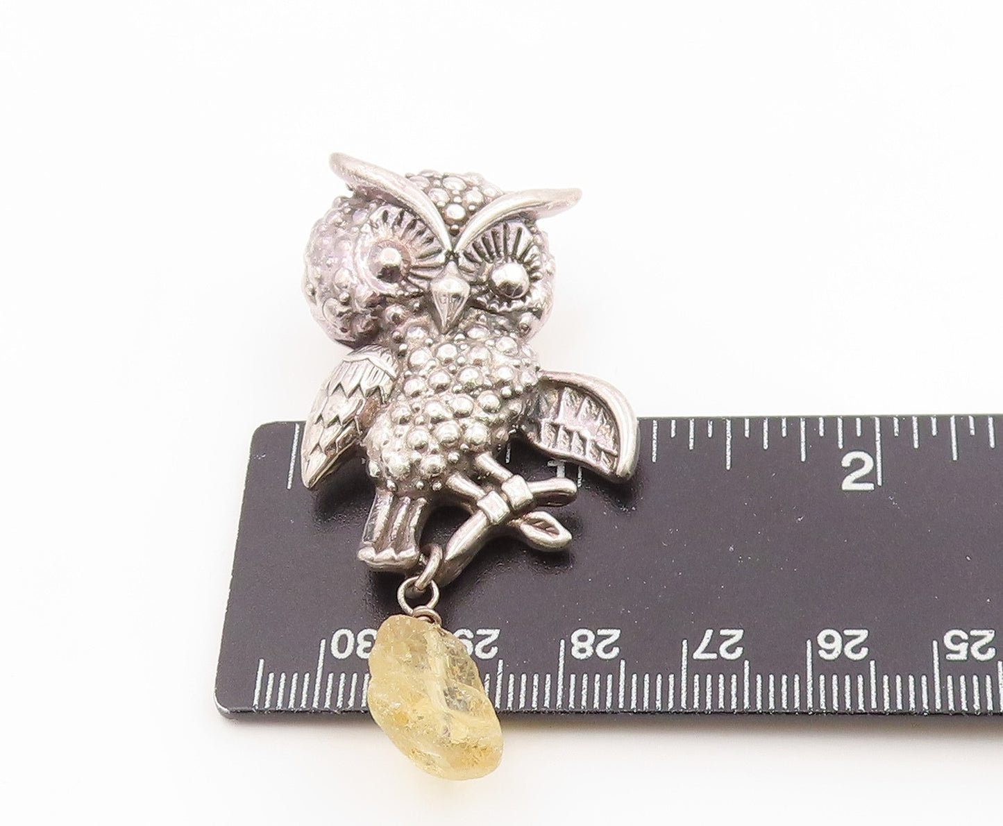 925 Sterling Silver Vintage Pendant ISRAEL Citrine Figural Wise Owl  PT26250