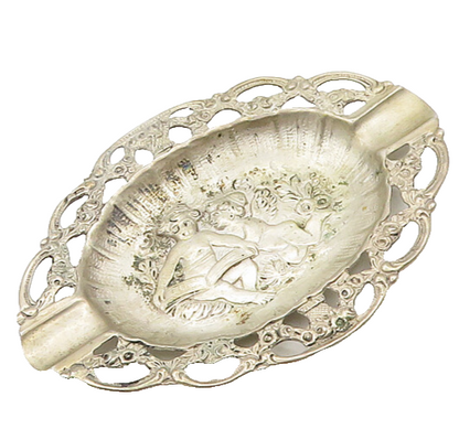 EUROPEAN 925 Sterling Silver  Vintage Angels Reading Floral Ash Tray  TR2642