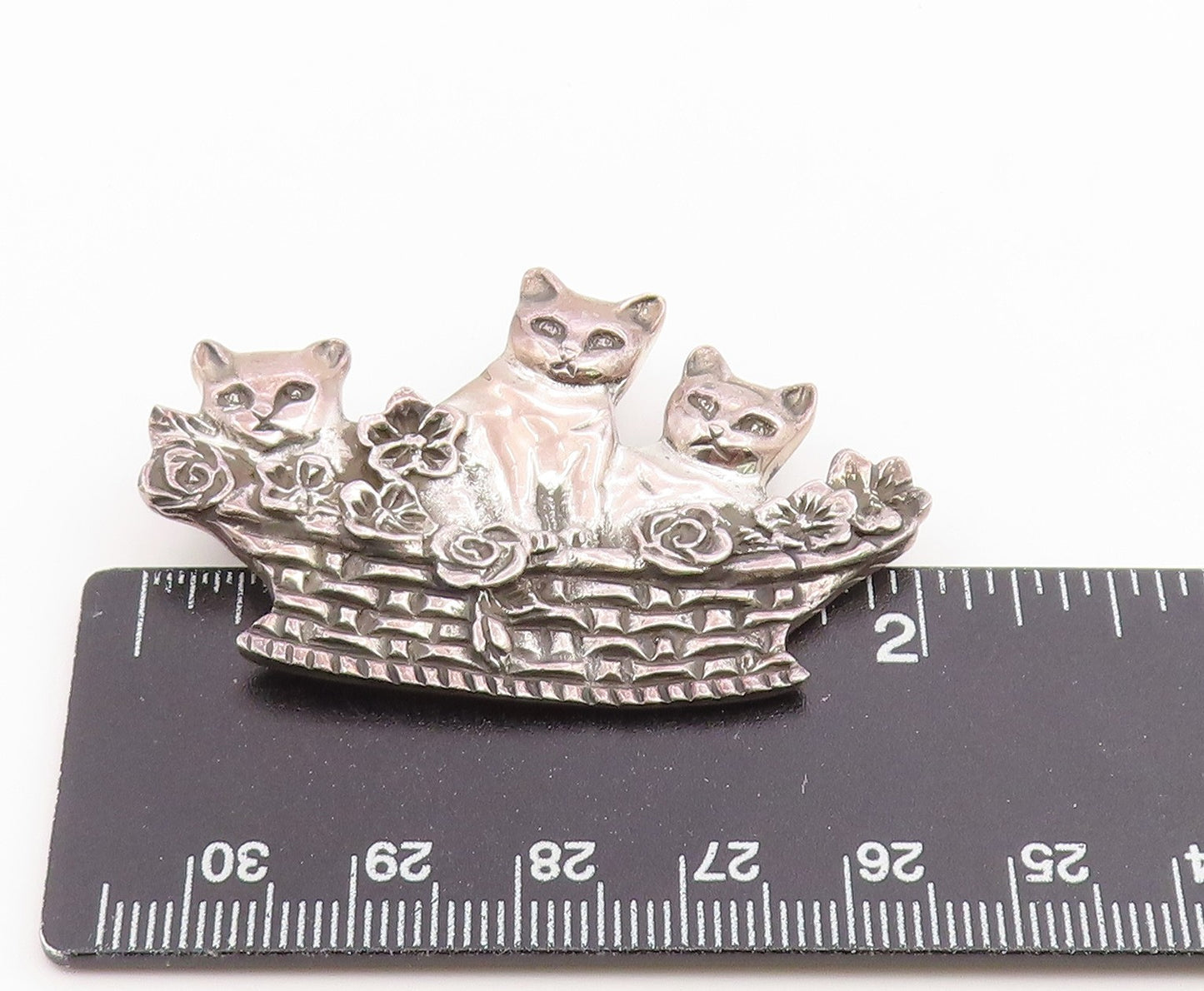925 Sterling Silver Vintage Brooch Pin Kittens In Woven Flower Basket  BP12655