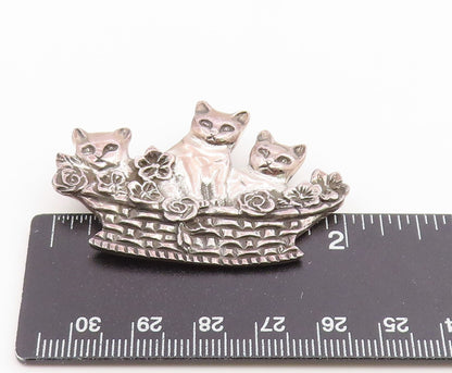 925 Sterling Silver Vintage Brooch Pin Kittens In Woven Flower Basket  BP12655
