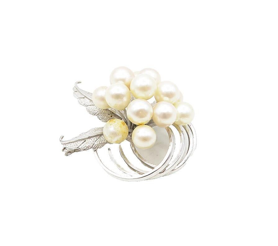 925 Sterling Silver  Vintage Pearls Floral Leaf Swirl Shiny Brooch Pin  BP3366