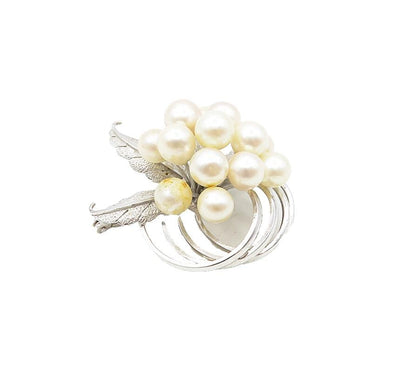 925 Sterling Silver  Vintage Pearls Floral Leaf Swirl Shiny Brooch Pin  BP3366