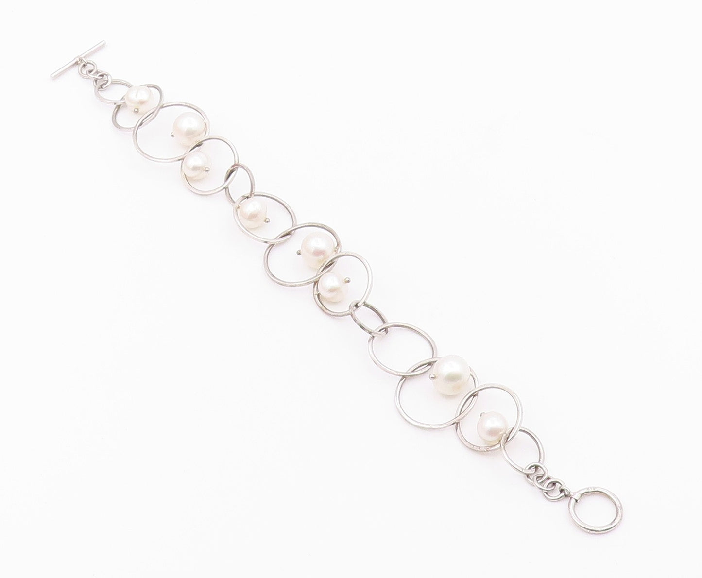 925 Sterling Silver  Vintage Cultured Pearl Open Circle Chain Bracelet  BT8935
