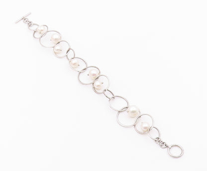 925 Sterling Silver  Vintage Cultured Pearl Open Circle Chain Bracelet  BT8935