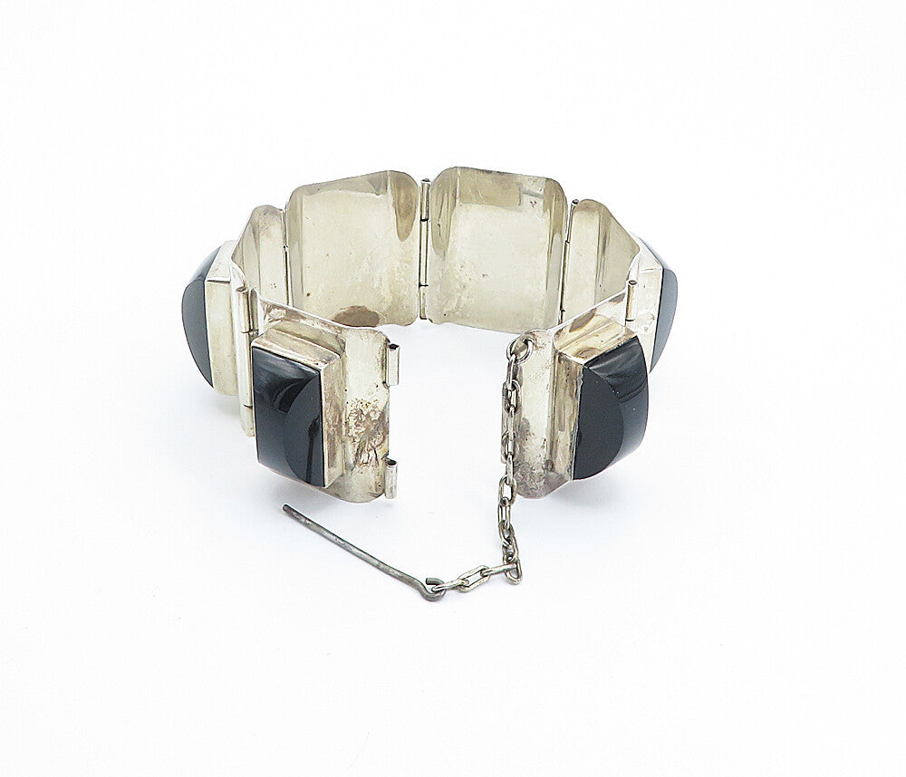 ARR MEXICO 925 Silver  Vintage Black Onyx Panel Hinge Chain Bracelet  BT3350