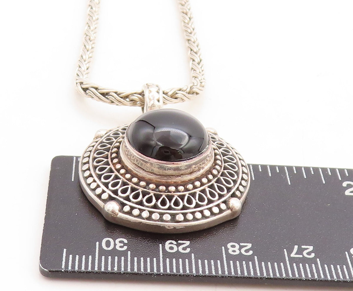 925 Sterling Silver  Vintage Cabochon Black Onyx Swirl Chain Necklace  NE1792