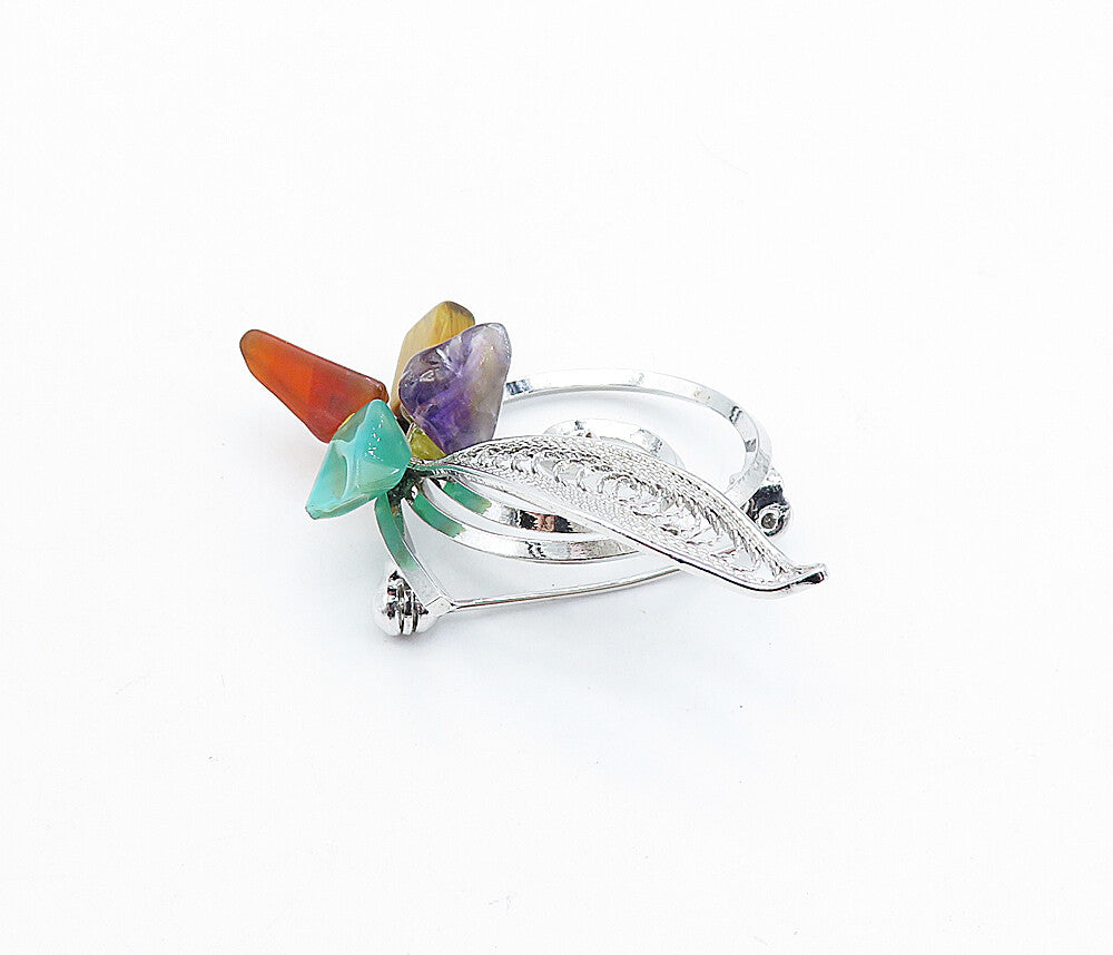 JAPAN 925 Silver  Tiger's Eye Amethyst Agate & Carnelian Brooch Pin  BP1186