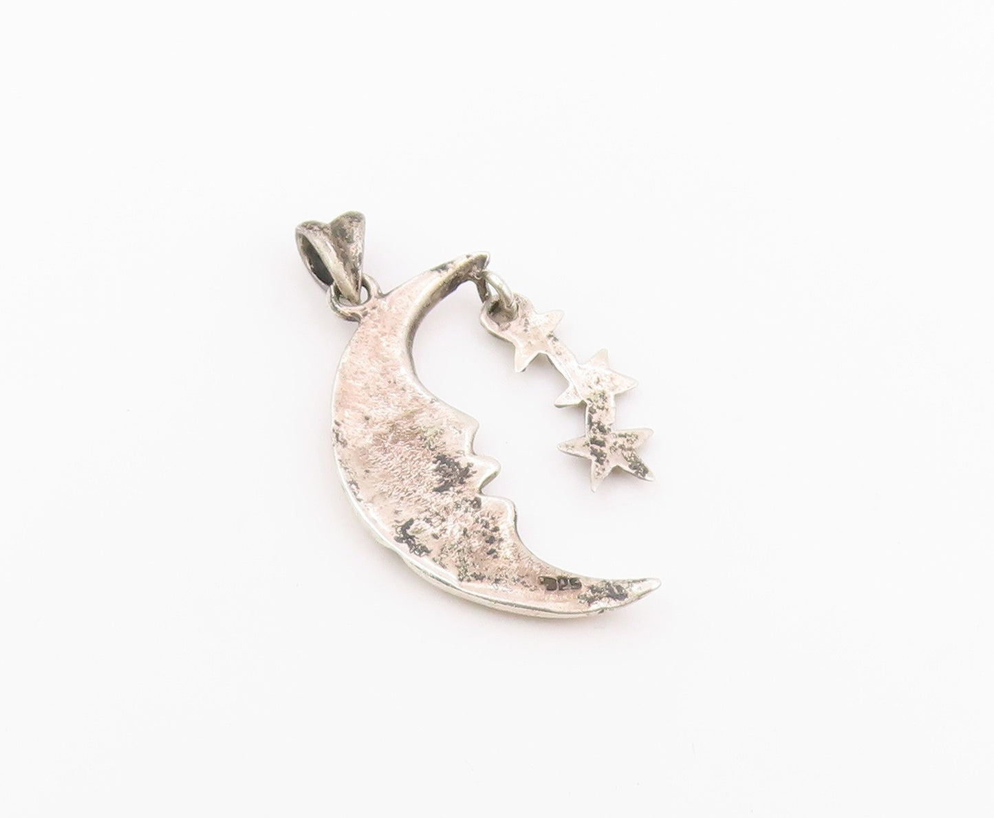 925 Sterling Silver Vintage Pendant Sleeping Crescent Moon & Triple Star PT26400