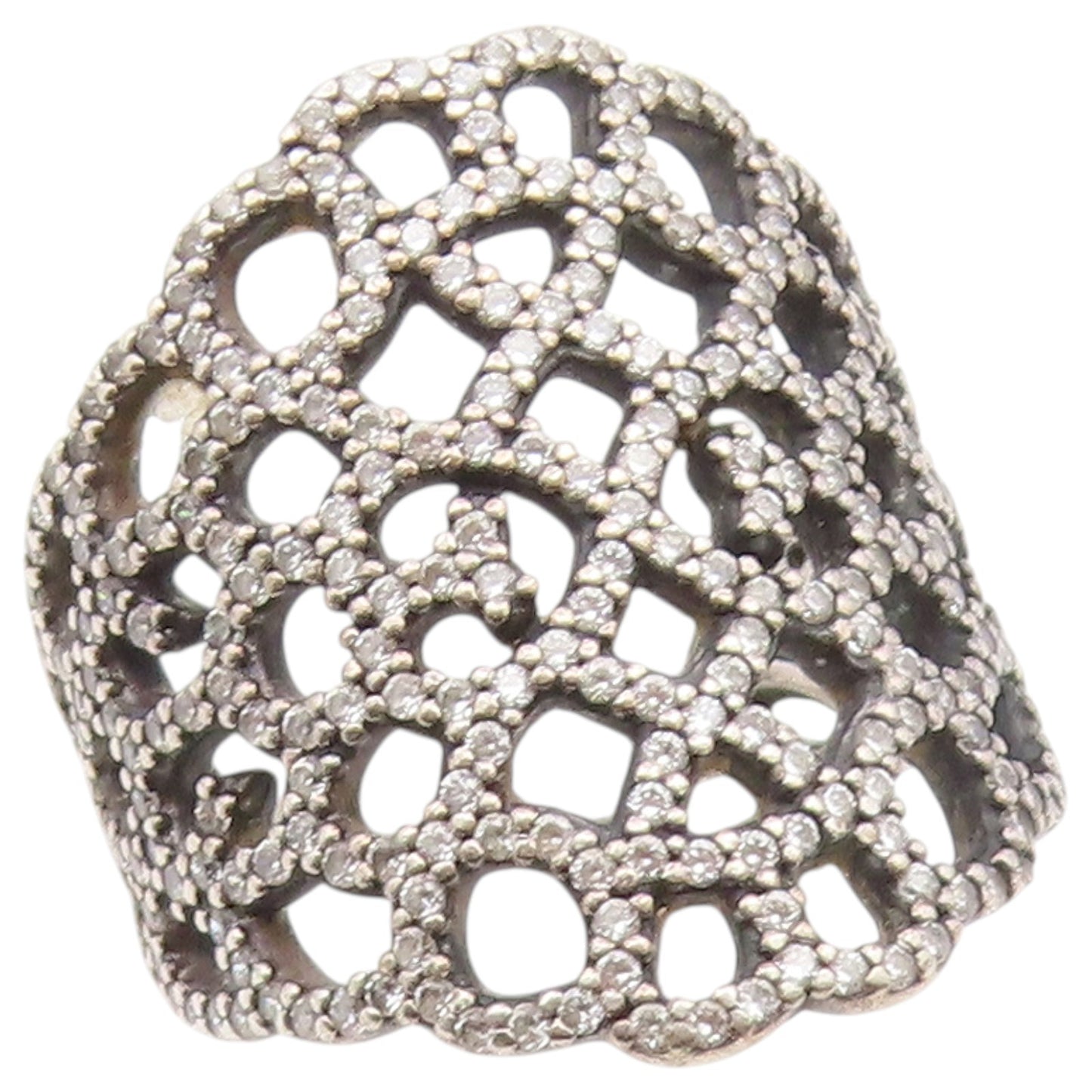 925 Sterling Silver Vintage Ring PANDORA CZ Shimmering Lace Cutout Sz 7 RG36548