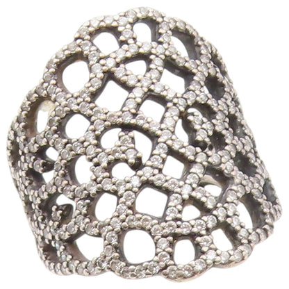 925 Sterling Silver Vintage Ring PANDORA CZ Shimmering Lace Cutout Sz 7 RG36548