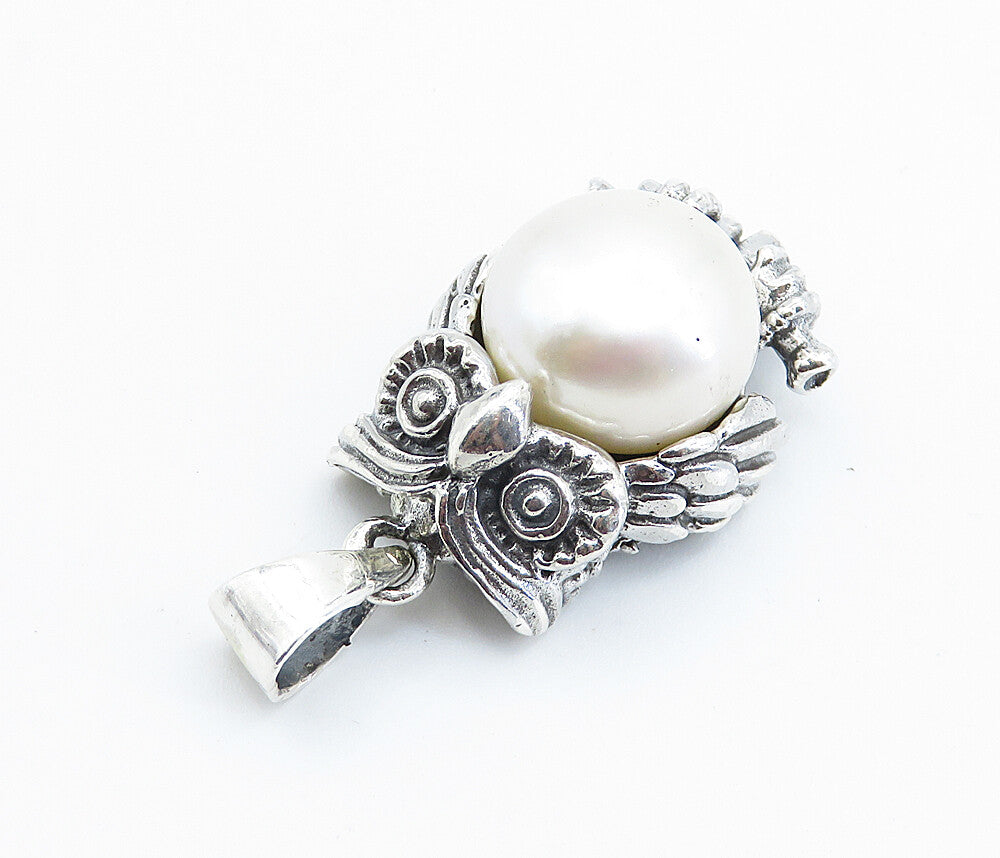 925 Sterling Silver  Vintage Freshwater Pearl Perched Owl Drop Pendant  PT6005