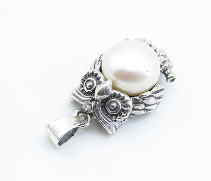 925 Sterling Silver  Vintage Freshwater Pearl Perched Owl Drop Pendant  PT6005
