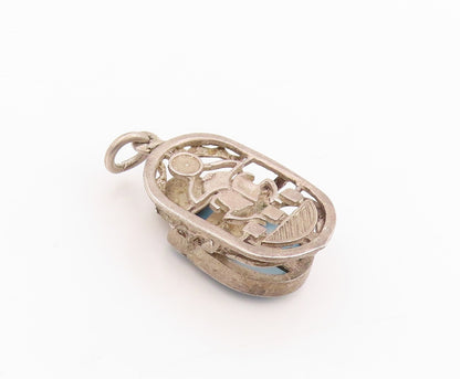 925 Sterling Silver Vintage Pendant Solid Carved Turquoise Scarab  PT24704